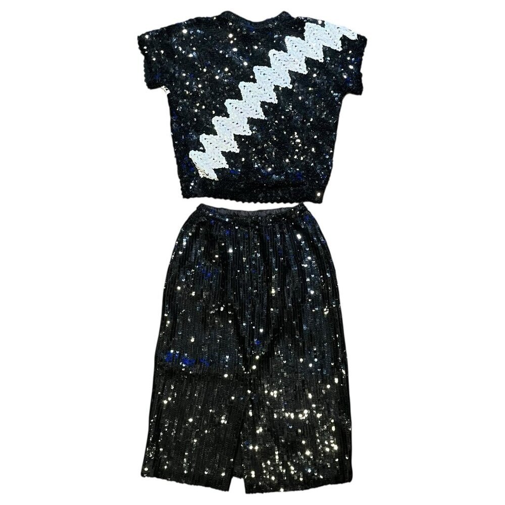 Vintage Lillie Rubin Black & White Lightning‎ Bolt Sequin Top & Skirt Small